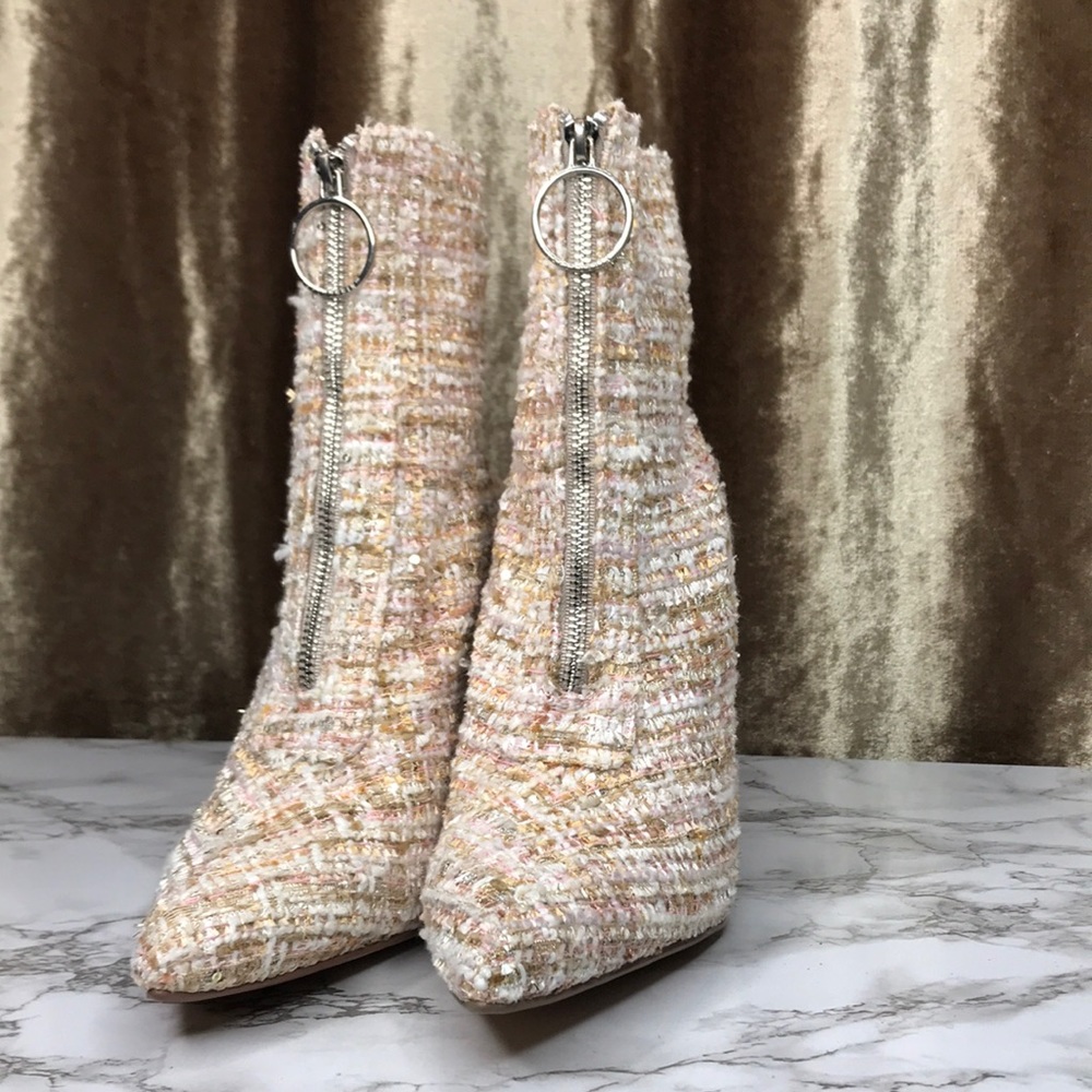 Pink tan tweed heel ankle booties silver zipper size 10